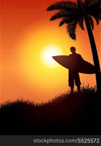 Silhouette of a surfer against a tropical background