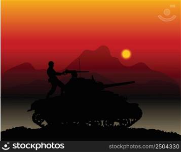 Silhouette of a tank with a soldier at sunset