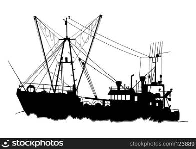 Silhouette of a trawler. Fishing boat on a white background. Flat vector.