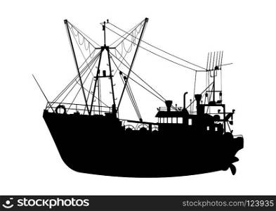 Silhouette of a trawler. Fishing boat on a white background. Flat vector.