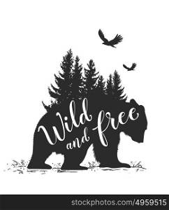 Silhouette of a wild bear, fir tree and calligraphy. Wild life in nature.