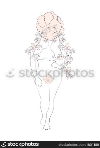 Silhouette of a woman, female body, body positive, cosmetic concept with flowers, trendy beige, template. Woman silhouette, female body, body positive, cosmetic concept with flowers, trendy beige