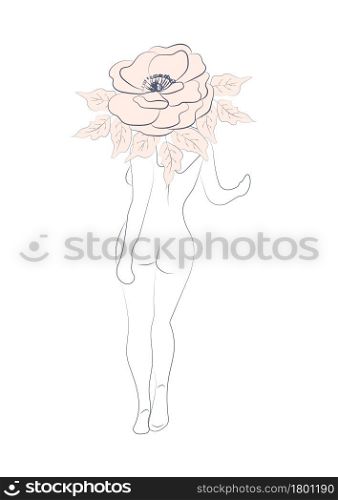 Silhouette of a woman, female body, body positive, cosmetic concept with flowers, trendy beige, template. Woman silhouette, female body, body positive, cosmetic concept with flowers, trendy beige