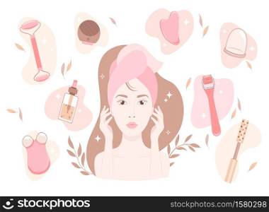 Silhouette of a woman&rsquo;s face with beauty gadgets. Excellent female skin with a facial roller, massager. Chinese medicine recommends. Cosmetic self-care.Advertising a beauty salon.Vector illustration.. Woman face silhouette with cosmetics gadgets.