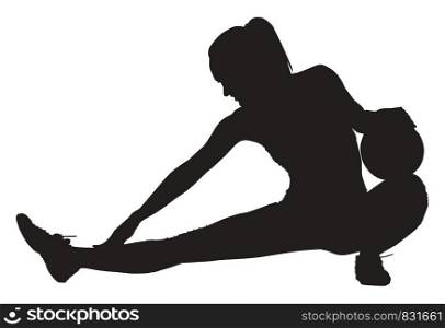 Silhouette of a woman stretches out her right leg, illustration, vector on white background.