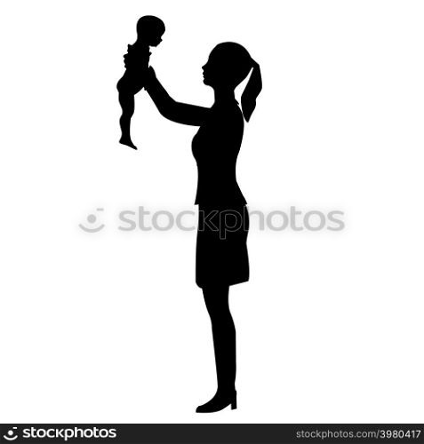 Silhouette of a woman with a child. The girl is holding her baby in her hands.