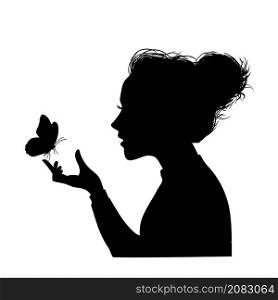 Silhouette of a young girl playing butterfly in hand vector illustration
