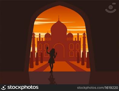 Silhouette of activities of people at famous landmark woman selfie to Taj Mahal of India,vector illustration