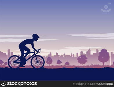 Silhouette of activities of people exercising with bike pass the park