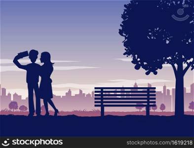 Silhouette of activities of people in park couple selfie on their dating,vector illustration