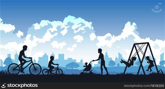 Silhouette of activities of people in park father and son cycling,man relax with baby and children play swing
