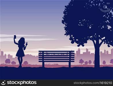 Silhouette of activities of people in park woman selfie on her vacation time in the park