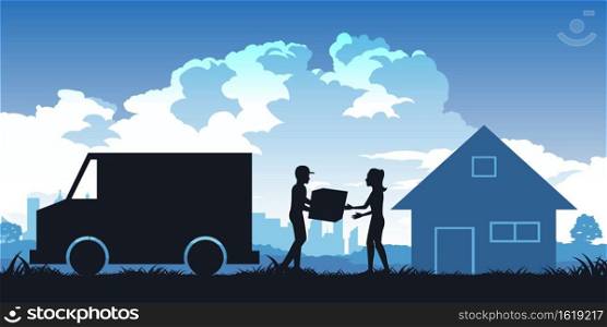 Silhouette of activities of people,woman receive parcel from messenger,vector illustration