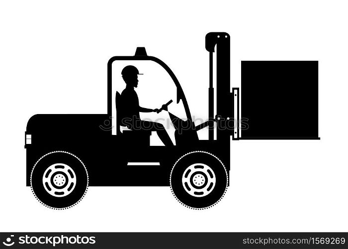 Silhouette of African american warehouse worker loading wooden boxes. Forklift driver at work. Warehouse worker in flat style isolated on white background,vector illustration. Silhouette of African american warehouse worker loading wooden