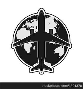 Silhouette of an airplane against the background of the globe. Simple flat design for a logo, logo or sticker for a website or app
