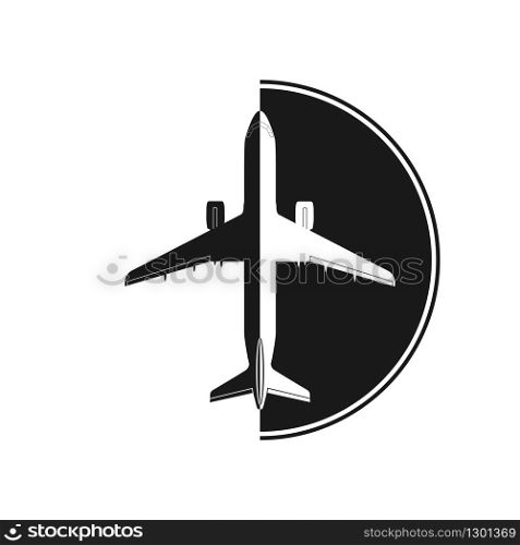 Silhouette of an airplane on the background of a semicircle. Simple flat design for a logo, logo or sticker for a website or app