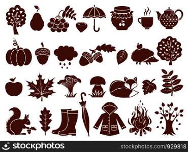 Silhouette of autumn symbols. Monochrome icons set of autumn. Silhouette autumn leaf and object, food and animals illustration. Silhouette of autumn symbols. Monochrome icons set of autumn