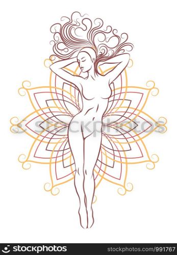 Silhouette of beautiful nude woman. Fashion girl with long hair and open flower geometrical pattern isolated on white. Beauty Emblem. Vector illustration