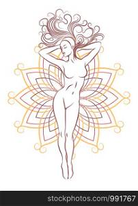 Silhouette of beautiful nude woman. Fashion girl with long hair and open flower geometrical pattern isolated on white. Beauty Emblem. Vector illustration