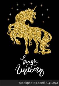 Silhouette of beautiful unicorn with long mane and tale, stars and lettering. Golden silhouette of unicorn. Vector illustration isolated on black background. For print, design, decor and textile. Golden unicorn silhouette with stars and text vector