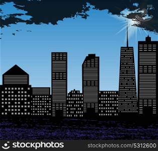 Silhouette of Big City on Background of Bright Summer Sun and Blue Sky. Vector Illustration. EPS10. Silhouette of Big City on Background Bright Summer Sun and Bl