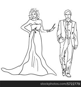 Silhouette of bride and groom, the vector
