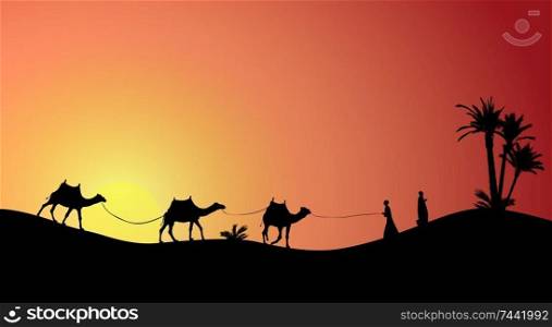 Silhouette of Caravan mit people and camels wandering through the deserts with palms at night and day. Vector Illustration. EPS10. Silhouette of Caravan mit people and camels wandering through the deserts with palms at night and day. Vector Illustration.