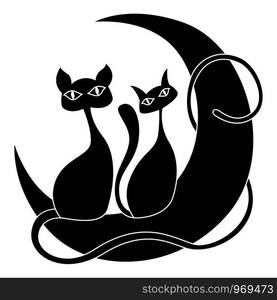 Silhouette of cartoon pussy and cat its tail interweave the moon, black vector hand drawing on white