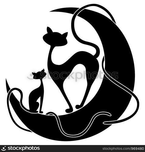 Silhouette of cartoon pussy and kitty, their tails interweave the moon, black vector hand drawing on white