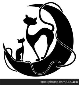 Silhouette of cartoon pussy and kitty, their tails interweave the moon, black vector hand drawing on white