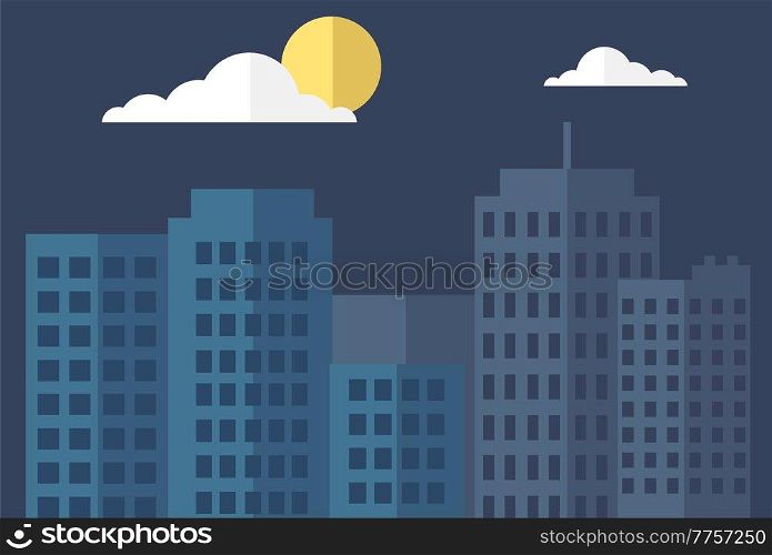 Silhouette of city and night with clouds and moon at sky. Skyscrapers and high-rise buildings vector illustration. Modern town landscape and architecture in dark . City sleeps under starry night sky. Silhouette of city and night with clouds and moon at sky. Skyscrapers and high-rise buildings