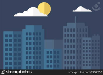 Silhouette of city and night with clouds and moon at sky. Skyscrapers and high-rise buildings vector illustration. Modern town landscape and architecture in dark . City sleeps under starry night sky. Silhouette of city and night with clouds and moon at sky. Skyscrapers and high-rise buildings