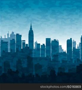 Silhouette of city skyscrapers buildings in blue tones. Blue city