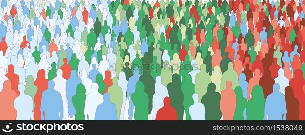 Silhouette of colorful people crowd statistic health seamless pattern vector flat illustration. Different person audience colored horizontal background. Diverse colored human community. Silhouette of colorful people crowd statistic health seamless pattern vector flat illustration