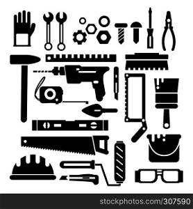Silhouette of construction or repair tools. Vector black icon set. Equipment of tools screwdriver and pliers, spanner and wrench illustration. Silhouette of construction or repair tools. Vector black icon set