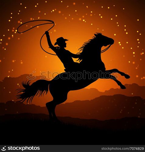 Silhouette of cowboy with lasso on rearing horse. Cowboy man with horse sunrise. Vector illustration. Silhouette of cowboy with lasso on rearing horse
