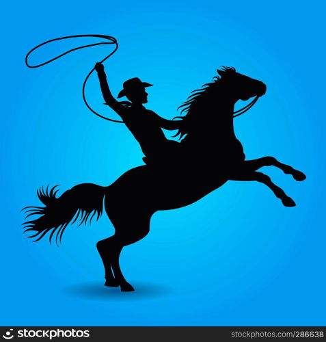 Silhouette of cowboy with lasso riding on horse. Silhouette of male rider cowboy with lasso. Vector illustration. Silhouette of cowboy with lasso riding on horse
