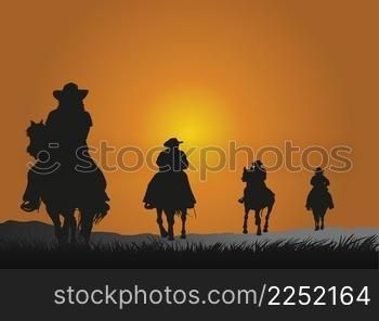 Silhouette of cowboys riding horses at sunset 