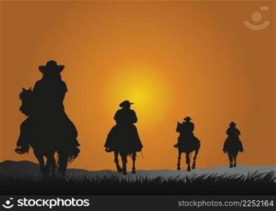 Silhouette of cowboys riding horses at sunset 
