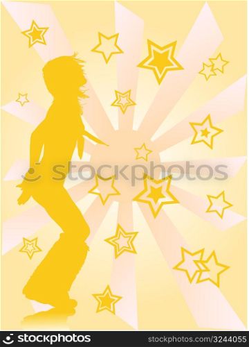 silhouette of dancing girl against the sun and stars background