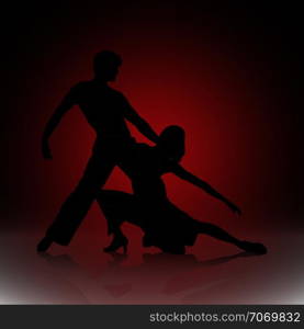 Silhouette of dancing men and women on the background of the red city