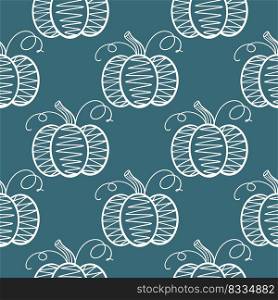 Silhouette of decorated pumpkins on blue background seamless pattern. Background with autumn vegetables. Print for textile, packaging, paper, wallpaper, package and design vector illustration. Silhouette of decorated pumpkins on blue background seamless pattern