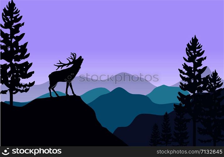 silhouette of deer and pine tree at Flat mountains landscape hills