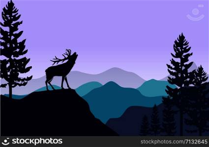 silhouette of deer and pine tree at Flat mountains landscape hills