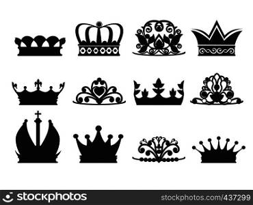 Silhouette of diadems and crowns. Vector monochrome pictures isolate. Crown queen or princess, luxury crown decoration illustration. Silhouette of diadems and crowns. Vector monochrome pictures isolate