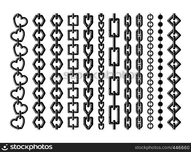 Silhouette of different steel chains isolate on white. Vector monochrome seamless set. Collection of chain metal strength, connection and joined endless chain illustration. Silhouette of different steel chains isolate on white. Vector monochrome seamless set