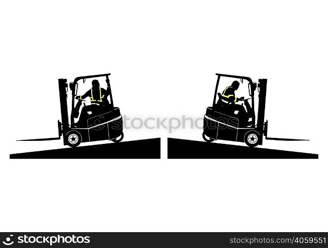 Silhouette of empty forklift travelling on a slope. Vector.