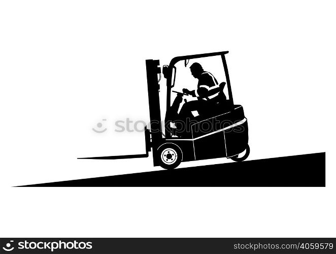 Silhouette of empty forklift travelling on a slope. Vector.