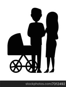 Silhouette of family, black and white vector poster isolated on white background, parents and pram, illustration with new family, abstract banner. Silhouette of Family Black and White Vector Poster