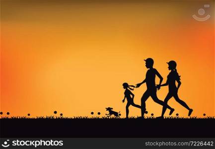 Silhouette of family exercising and jogging together at the park with beautiful sky at sunset , vector illustration.